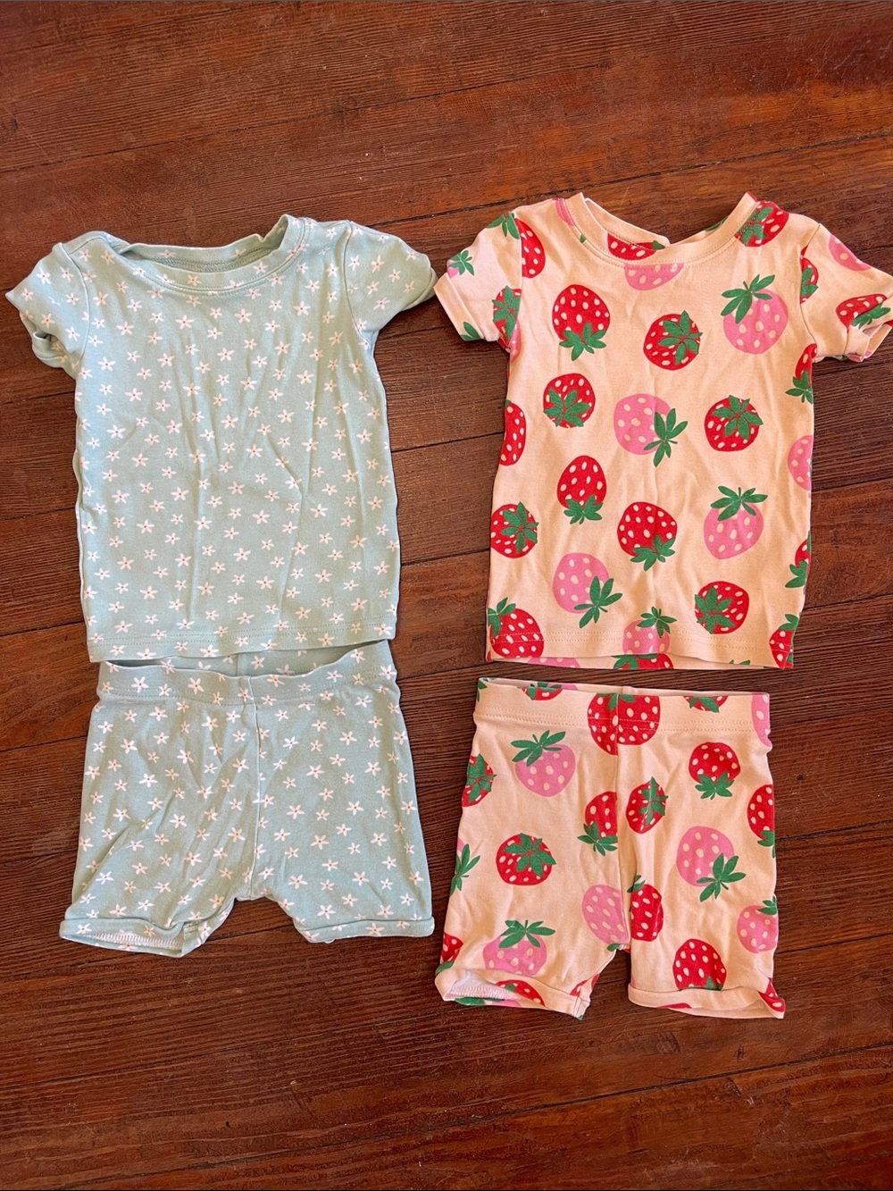 Toddler Kids 2-Pack Short Sleeve Pajama Sets - Mint Floral & Pink Strawberry 2T